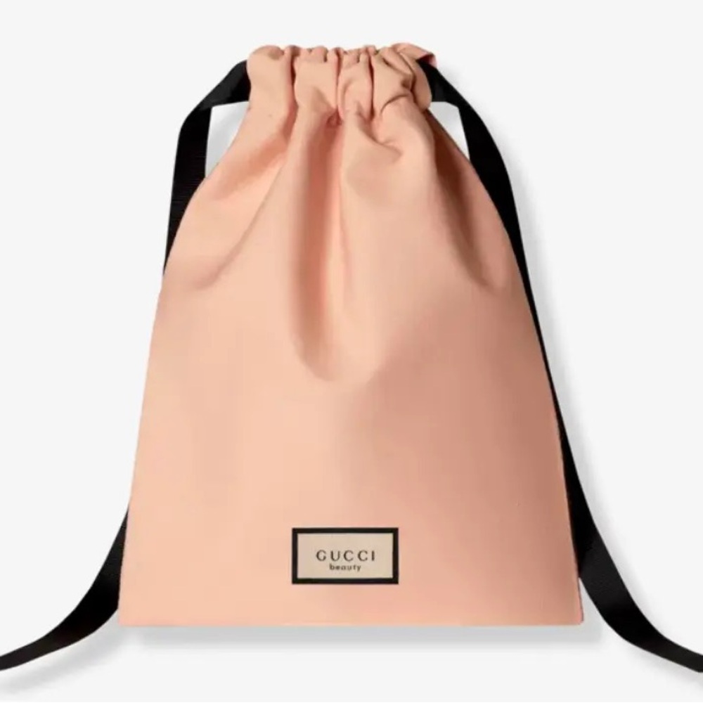 GUCCI Beauty Peach Drawstring Pouch Makeup Cosmetic Toiletry Bag Floral Lining